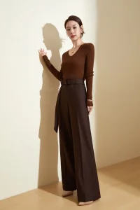 Calças largas de lã de inverno com textura de tweed para mulheres