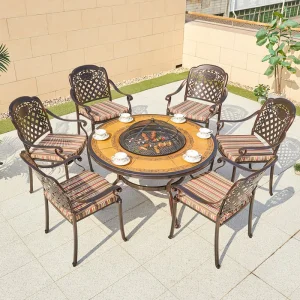 Waterproof Easy Clean Outdoor Aluminum Round Dining Picnic Barbecue Grill Table BBQ Cast Aluminum Fire Pit Table