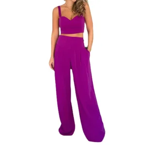 Venda Quente Atacado Personalização Mulheres Tops Cropped de Cor Sólida Conjuntos de Calças Largas em Duas Peças Mulheres