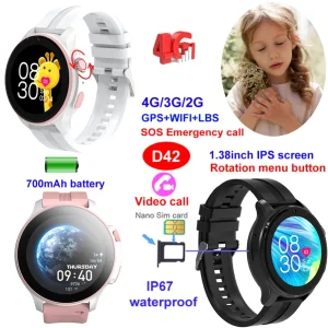 New developed China manufacture 4G IP67 waterproof gift kids smart GPS watch tracker with rotation menu button realtime Google Map location D42
