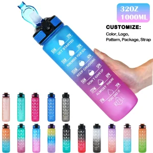 Motivational Bottles Time Marker Strap Leak-Proof Tritan PC BPA Free Gym Fitness Outdoor Sports Gradient Matte Water Bottle Custom Color Logo 1000ml