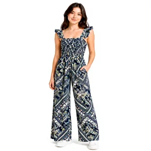 Juvenil Casual Summer Breathable Knitted American Jumpsuit Geometric Pattern Straps Full-Length Wide Pants Polyester/Cotton