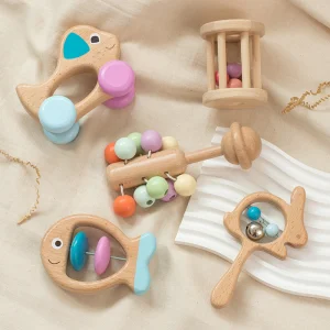 Wooden Baby Colorful Hand Rattle Five-Piece Set Crib Bell Music Early Education Grasping Soothing Instrument Toy