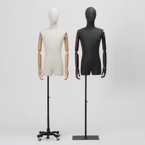 Fashionable Upper Body Mannequin in Matt/Glossy White/Black with Height Adjustable Stand and Wooden Arms Made of PP/PE/ABS/Fiberglass for Male Clothing Display