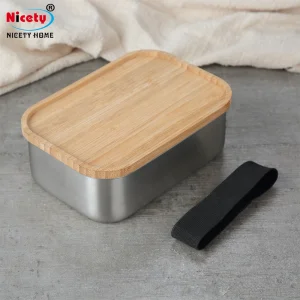 Eco Stainless Steel Food Grade 304 Metal Stainless Steel Bread Box Bento Lunch Box With Bamboo Lid