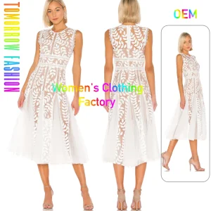 Vestidos Casuales MIDI Blancos con Encaje de Malla