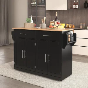 Mobile Kitchen Island Cart with Storage Cabinet, Drawer, Towel Rack &amp; Wood Top