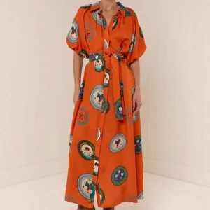 Vestido Maxi Camisa Laranja Estampado para Mulheres Verão com Manga Puff Curta e Cinto Autoajustável Casual Boho Longo