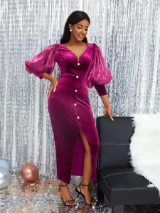 Vestido Francês de Alta Qualidade com Cintura e Mangas Longas para Mulheres - Roupas de Festa