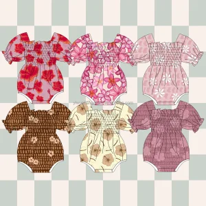 Trendy Kids Baby Summer Rompers Hawaiian Patterns Puff Sleeves Bubble Jumpsuits Smocked Ruffle Leotard for Girls