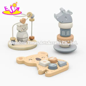 Wooden Baby Activity Center with Bear Bead Maze, Rhino Stacking Toy, and Koala Shape Sorter for Early Skill Development W12f230