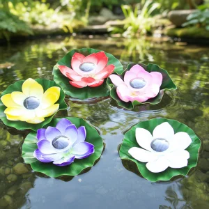Color Changing Solar Floating Lotus Flower Lights PC Material IP65 Rated LED 1800lm Rechargeable Pool &amp; Pond Lighting