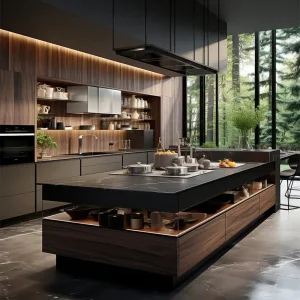 Fábrica de Foshan Design Moderno Armário de Cozinha Modular Personalizado em Compensado com Revestimento de Madeira, Armários de Cozinha com Ilhas