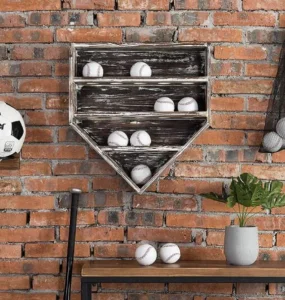 Famous Golf Ball Baseball Display Shelf Featuring a distinctive vintage gray wood finish and stylish hole plate-shaped design in Unique or Custom Manufacturers, Product