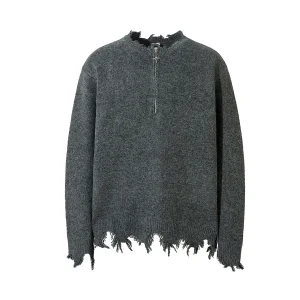 2025 New American Street Distressed Fringe Knitwear Designer Asymmetrical Semi-open Collar Niche Sweater Women Autumn Winter
