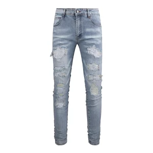OEM Custom Wholesale Men's Hip Hop Printed Ripped Skinny Jeans