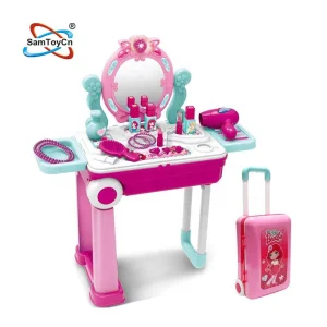 Samtoy 2 em 1 Conjunto de Brinquedo de Maquiagem para Meninas com Mesa de Beleza de Pré-escola e Maleta de Plástico