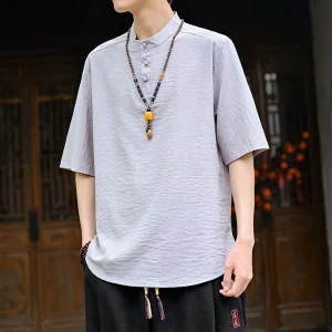 Men's Chinese Traditional Tang Suit Linen Stand Collar Short Sleeve Regular Fit Pull Casual Shirt ODM Supply 7-Day Sample Lead