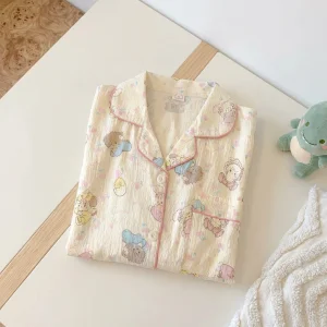 Women's New Style Lapel Button Pajama Set Long Sleeve Pants Sweet Loose Home Clothes Two-piece Set