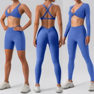 Ropa de fitness para mujeres al por mayor 4PCS traje deportivo sexy con escote en V para correr al aire libre, sujetador de yoga con logo personalizado + top corto + pantalones cortos con fruncido en la parte trasera + pantalones