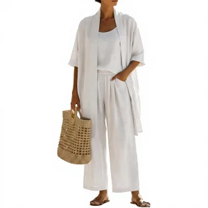 2026 Cross-Border Summer Three-Piece Set Europe America Strap-Style Cardigan Straight-Leg Pants Solid Color Casual Resort Wear