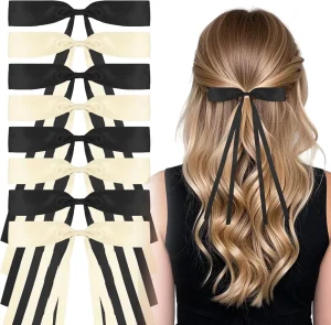 Handmade Black White Satin Ribbon Hair Bow Clip Long Tails