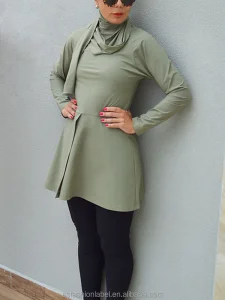 Custom OEM Solid Sage Green Burkini Pour Femme Musulman 3 Piece Women Mock Neck Long Sleeve Peplum Top Quick Dry Modest Swimwear