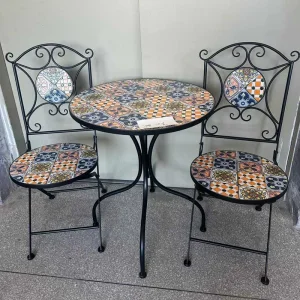 Outdoor Metal Folding Chair Set with Mosaic Cement Table Rustproof Wrought Iron Garden Furniture for Patio Yard