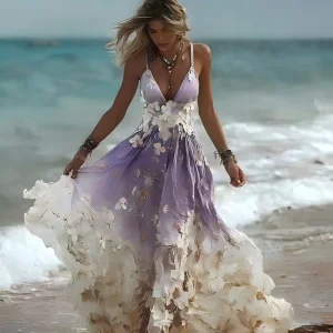 Vestido Maxi de Tirantes Espagueti Floral Elegante para Playa de Mujeres 3D