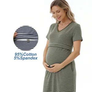 Summer Maternity Dress Loose Breastfeeding Dress Stripe V-neck Short Sleeve Nursing Dress for Pregnant Women Casual Nightwear