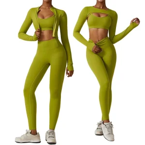 4 Piece Sports Fitness Yoga Wear Leggings Sets Women Long Sleeve Activewear Gym Workout Clothing