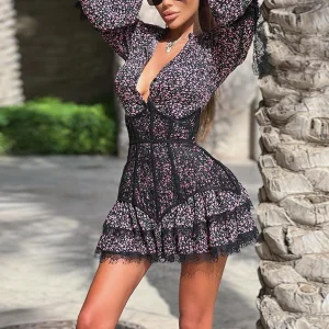 New Sweet Little Fresh Printed Waisted Sleeve Women's Short Lace Dresses