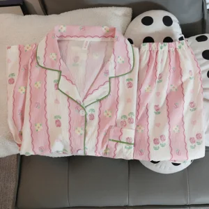 Los últimos pijamas de algodón para todas las estaciones, pijamas dulces personalizados para exteriores, conjunto de pijama para el hogar