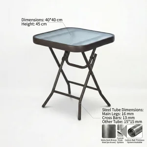 Custom Balcony Folding Table Tempered Glass Cafe Outdoor Tables Small Patio Furniture Matte Steel Frame Side Table for Backyard
