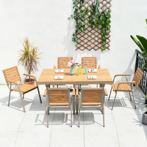 High Quality Modern Outdoor Dining Furniture Aluminum Frame Plastic Wood Bistro Bar Garden Leisure Table Chair 6-Person Set