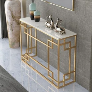 Home Living Room Rectangle Side Gold Legs Marble Top Entryway Table Console