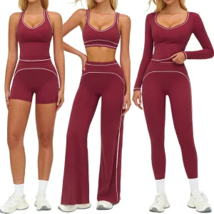 Women's Seamless Contrast Stitching Yoga Set Flare Leggings / Bootcut Biker Shorts Workout Outfits Gym Fitness High Waist Leggings and Sports Bra Activewear