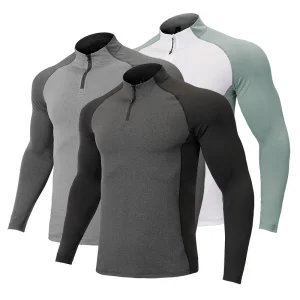 1/4 Zipper Men Athletic Quick Dry T Shirts Running Gym Workout Long Sleeve Mens Tee Shirts