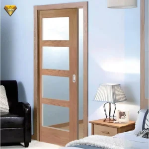 Elegant Wooden Sliding Pocket Door Featuring Stylish Glass Panels