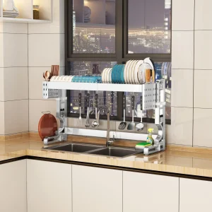 Factory Direct 304 Stainless Steel Stretchable Over-Sink Drain Storage System Kitchen Organization Dish Rack