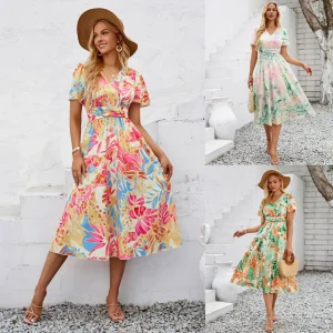 Vestido V-de-Corte de Manga Curta Estampado Casual de Verão para Mulheres, Estilo Fresco