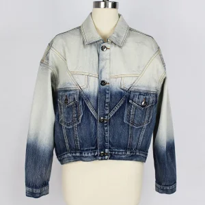 Women's Cotton Denim Customer Design DIP Bleach Contrast Cropped Button Lapel Short Jacket