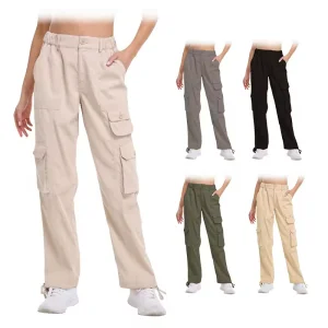 Novo Design de Calças Casuais de Trabalho Femininas de Cintura Alta, Largas e com Múltiplos Bolsos
