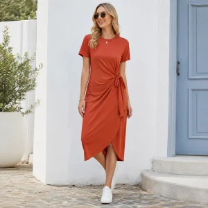 Vestido Casual de T-Shirt com Gola Redonda em Estoque Pronto para Vendas E-Commerce e Pedidos de Baixa Quantidade