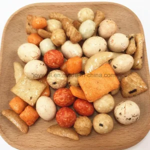 Mistura de Petiscos de Biscoitos de Arroz e Amendoins Cobertos com Molho de Soja