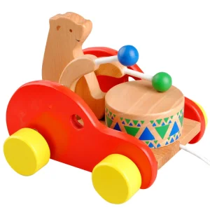 2025 Cute Bear Knocking Drum Walk Along Puppy Pull Boys Girls Wooden Walking Pull Dog Toy for Baby