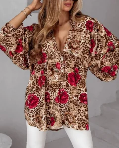 Plus Size Women's Casual Top Leopard Print Ruffled Collar