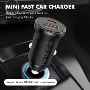 USB a USB C Dual Ports Quick Car Charger 30W Fast Charging Phone Car Adapter for Phone