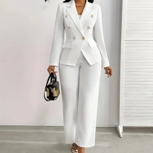High Waisted Satin Suit Solid Color Long Sleeved Pants Set Stylish Office Lady Formal Commute Outfit Suit Set