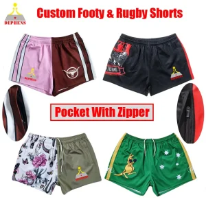 Custom Print Sublimation Wholesale Men Polyester Australia Hunting Fishing Outdoor Workout Running Sports Gym Zipper Zip Pocket Afl Rugby Football Footy Shorts